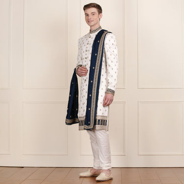Aristocratic Cream Sherwani with Coat, Pant & Dupatta in Gold Embroidery