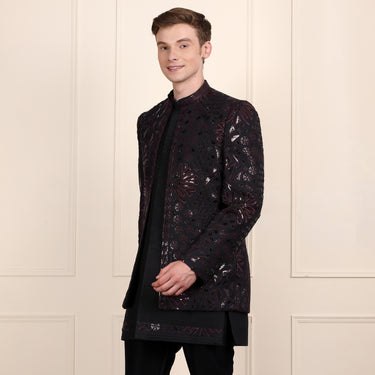 Midnight Blue Indowestern Set with Bead and Sequin Embroidery