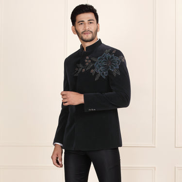 Handpainted Navy Blue Velvet Jodhpuri Suit with Glassbead Detailing for Men.