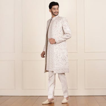 Modern Ethnic Regal Cream Color Open Indo Western Set with Zari Embroidery.