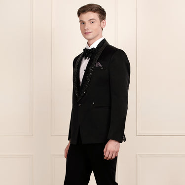 Luxury Black Tuxedo Set Featuring Exquisite 3D Crystal Embroidery
