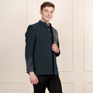 Stylish Teal Jodhpuri Suit: Coat, Bandi, and Pant with Unique Asymmetric Embroidery
