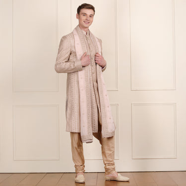 Grace in Gold: Peach Sherwani Set with Intricate Zari Embroidery