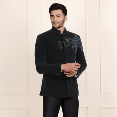 Handpainted Navy Blue Velvet Jodhpuri Suit with Glassbead Detailing for Men.