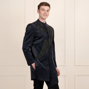 Iconic Navy Velvet Sherwani with Bold 3D Eagle Embroidery