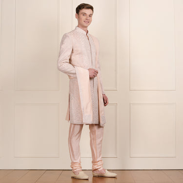 Peach color sherwani with dupatta & belt for Men