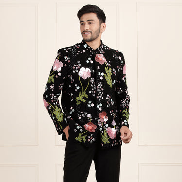 Black Jodhpuri Suit with Multicolored Sequin Embroidery