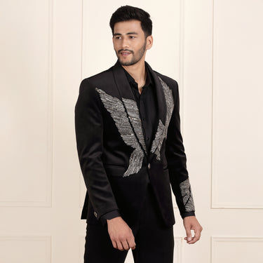 Black Velvet Blazer with Striking Eagle Embroidery Detail
