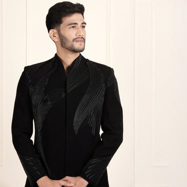 Majestic Black Sherwani with 3D Appliqué – Complete Coat & Pant Ensemble