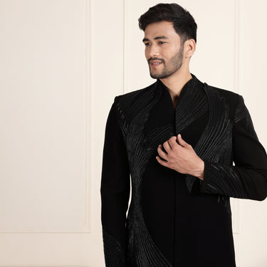 Majestic Black Sherwani with 3D Appliqué – Complete Coat & Pant Ensemble