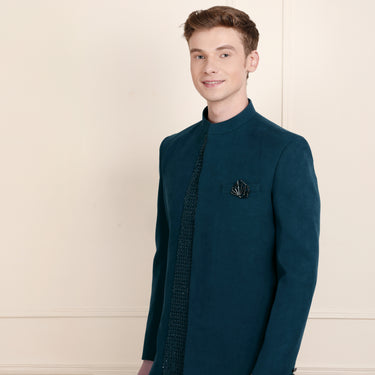 Teal Sherwani with Japanese Fabric and Sequin Detailing.