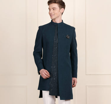 Teal Sherwani for Men – Japanese Fabric & Sequin Detailing