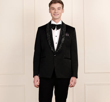 Premium Black Embroidered Tuxedo with 3D Crystal Detailing