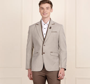 Stylish Beige Checked Polywool Blazer with Detachable Lapel