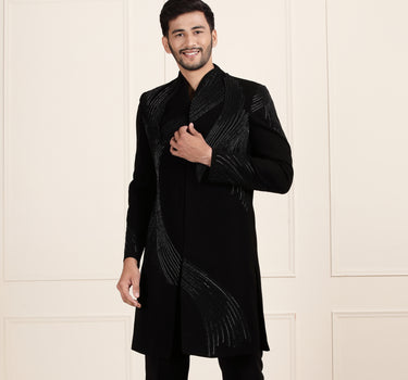 Elegant Black Sherwani with 3D Applique – Coat & Pant Set
