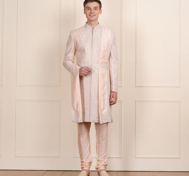 Men peach color sherwani with dupatta & belt