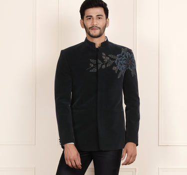 Handpainted Navy Blue Velvet Jodhpuri Suit with Glassbead Detailing