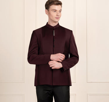 Sophisticated Wine Jodhpuri Suit with Luxe Metallic Styling
