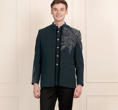 Teal Jodhpuri Suit for Men with Asymmetric Embroidery – Coat, Bandi & Pant Set