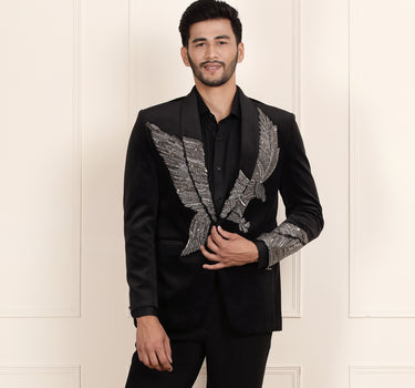 Black Velvet Blazer with Striking Eagle Embroidery Detail