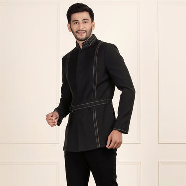 Black Color Jodhpuri Suit with Rich Embroidery and Belt