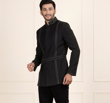 Black Jodhpuri Suit with Embroidery & Belt - Premium Polynosic Fabric