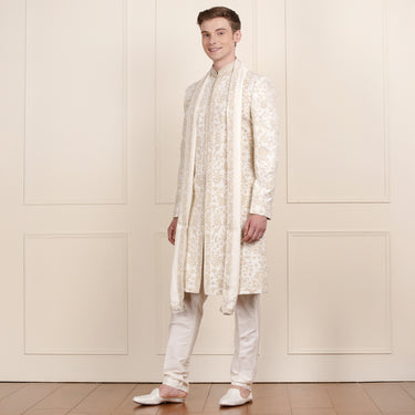 Majestic Cream & Gold Sherwani Set with Dupatta – Timeless Look
