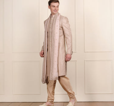 Men peach color sherwani with dupatta