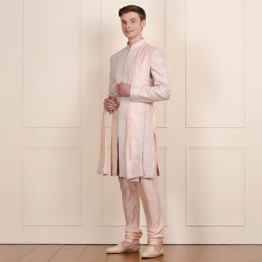 Peach color sherwani with dupatta & belt for Men