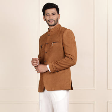 Sharp Tan Jodhpuri Coat with Modern Zipper Pocket Detail