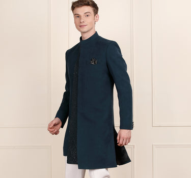 Teal Sherwani for Men – Japanese Fabric & Sequin Detailing