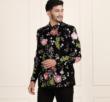 Black Jodhpuri Suit with Multi Colored Sequin Embroidery.
