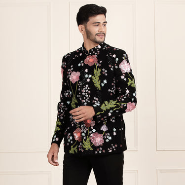Black Jodhpuri Suit with Multicolored Sequin Embroidery