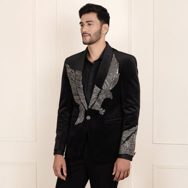Black Velvet Blazer with Striking Eagle Embroidery Detail