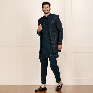 Teal Color Open Indowestern Set with Coat, Kurta and Pant.