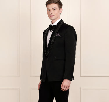 Premium Black Embroidered Tuxedo with 3D Crystal Detailing
