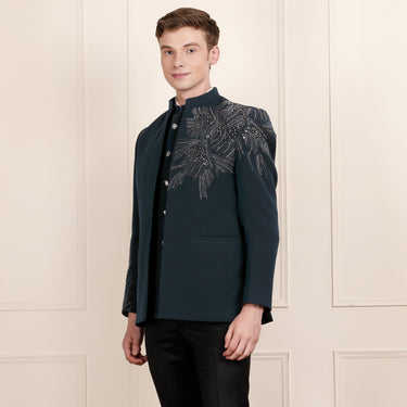 Stylish Teal Jodhpuri Suit: Coat, Bandi, and Pant with Unique Asymmetric Embroidery