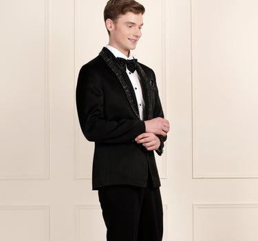 Premium Black Embroidered Tuxedo with 3D Crystal Detailing