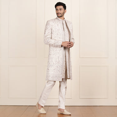 Modern Ethnic Regal Cream Color Open Indo Western Set with Zari Embroidery.