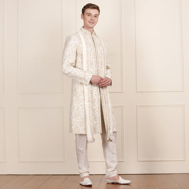 Majestic Cream & Gold Sherwani Set with Dupatta – Timeless Look