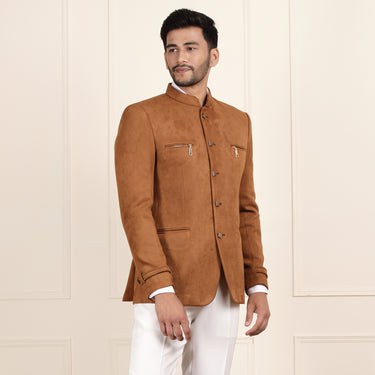 Sharp Tan Jodhpuri Coat with Modern Zipper Pocket Detail