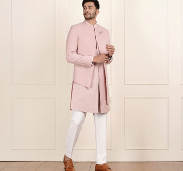 Peach Sherwani for Men – Asymmetric Design & Bead Detailing