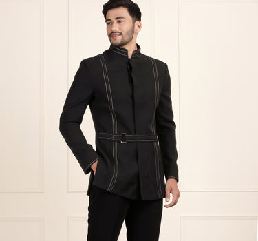 Black Jodhpuri Suit with Embroidery & Belt - Premium Polynosic Fabric