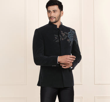 Handpainted Navy Blue Velvet Jodhpuri Suit with Glassbead Detailing