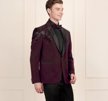 2 Piece wine colour tuxedo coat pant and bow