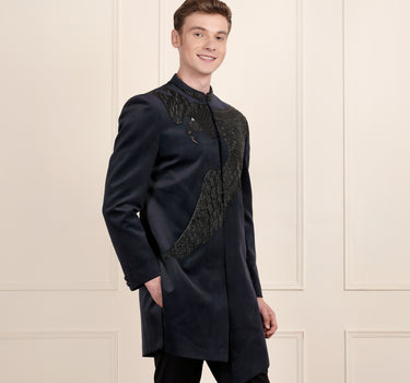 Asymmetric Navy Blue Velvet Sherwani For mens with 3D Eagle Embroidery