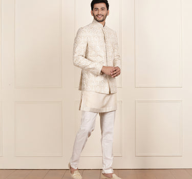 Cream gold jodhpuri coat kurta and pant