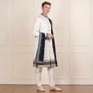 Aristocratic Cream Sherwani with Coat, Pant & Dupatta in Gold Embroidery