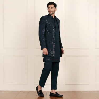Teal Color Open Indowestern Set with Coat, Kurta and Pant.