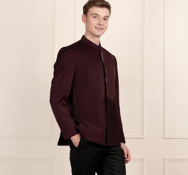Sophisticated Wine Jodhpuri Suit with Luxe Metallic Styling
